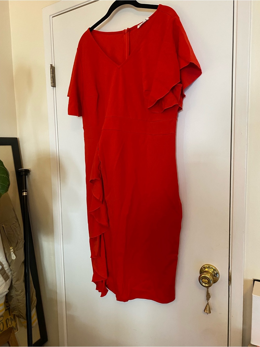 Red Ruffle V-Neck Midi Dress